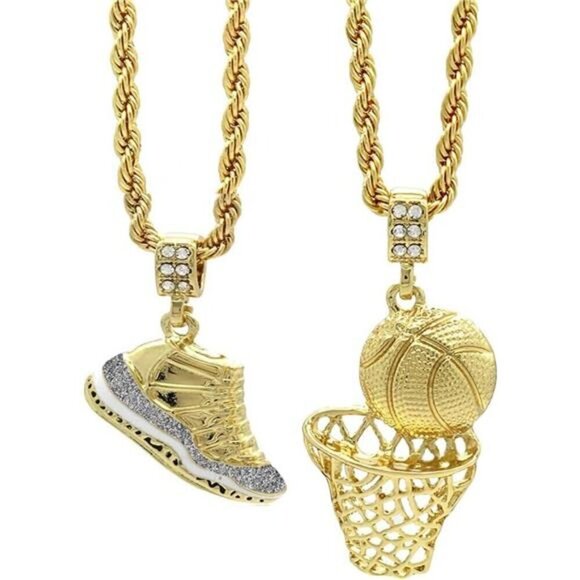 Jordan Retro 11 Shoes Necklace Gold Plated CZ Sneakers and Basketball Hoop 24"